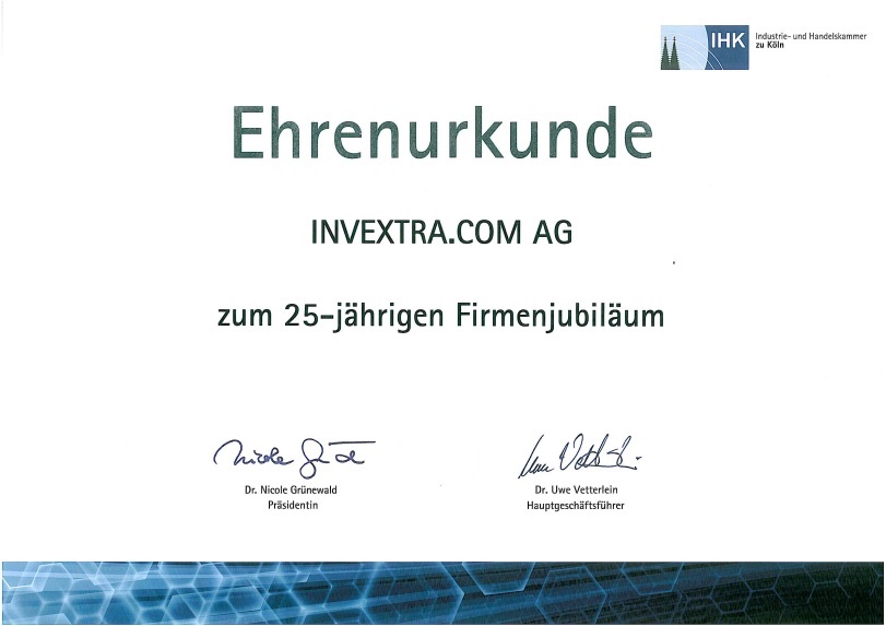 Invextra 25 Jahre Jubilaeum Ehrenurkunde